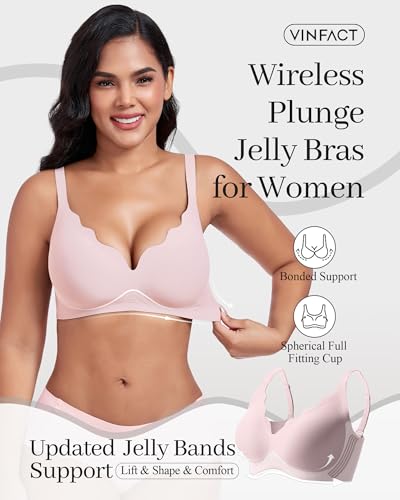 Image of Vinfact Plunge Jelly Bras for Women No Underwire Wireless Lift Full Coverage T Shirt Everyday Sleep Bra