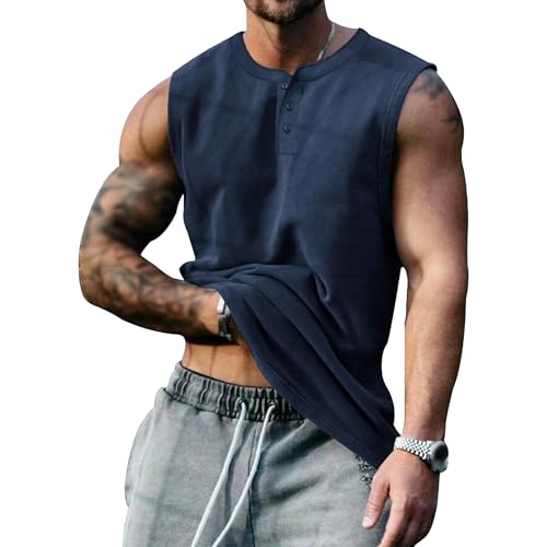Tiwate Herren Henley Tank Gym Muskel Workout Männliche Ärmellose Rundhalsausschnitt Knopf Sportliche Fitness Henley Tanks (Marineblau,XL)