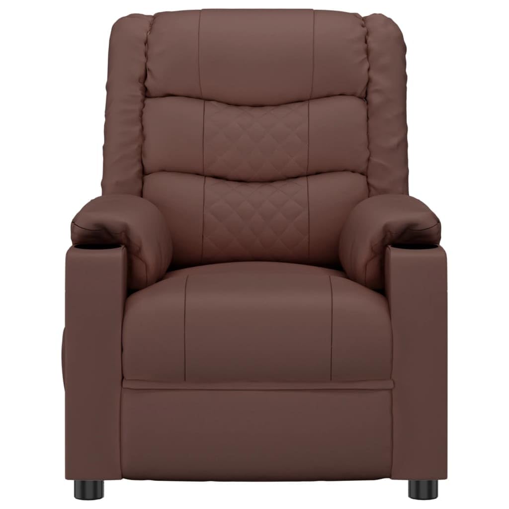 Sillón de relax manual marrón de piel sintética con 3 posiciones, respaldo y reposapiés ajustables manualmente, asiento acolchado grueso con reposabrazos anchos, marco de madera y metal
