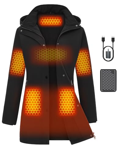 Women Long Heated Jacket Battery Pack Included Waterproof Ladies Coat with Hoodie 12v 7.4v Graphene Rechargeable Usb Electric Winter Apparel Clothes Sweater Sweatshirt Hoodie Vest Work Cold Weather