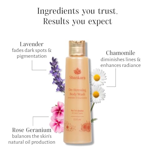 Image of Shankara De-Stressing Body Wash 210ml | Luxurious shower gel with Chamomile, Lavender & Rose Geranium for Muscle Relief, Hydration & Nourishment, Body Cleanser with Calming Effect |For Men & Women, Suitable to All Skin Types
