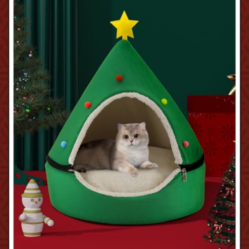 Emuia クリスマスツリー型 猫ハウス 犬小屋 折りたたみ式(保温防寒/洗える)ふわふわドームベッド 小型犬 室内用ペットハウス もぐりこみ型 防寒ベッド 冬用 ペット休憩所 チワワ トイプードル ミニチュアダックス 柴犬 クリスマス ペットグッズ (S