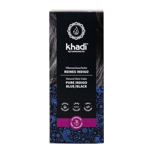 khadi REINES INDIGO Pflanzenhaarfarbe - Lässt Dein Haar in einem geheimnisvoll tiefen Blauschwarz erstrahlen - 100% pflanzlich & natürlich - 100g