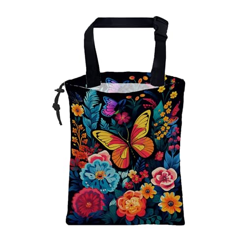 Image of Car Garbage Bag Colorful Flowers and Butterflies Hanging Canvas Car Trash Bag Waterproof Drawstring Car Back Seat Organizer for Car Back Front Seat Console with Adjustable Buckle