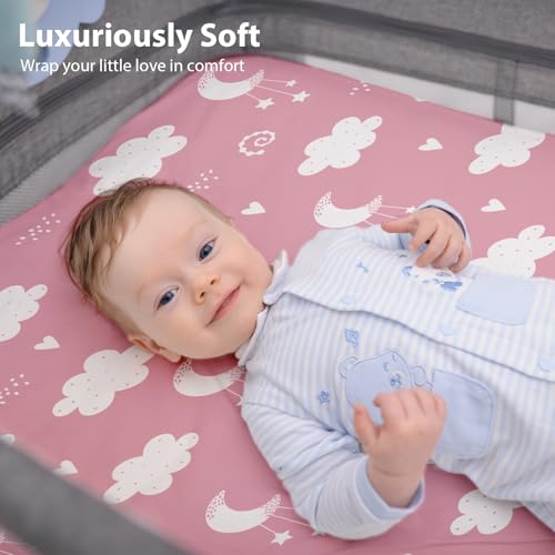 Image of Baby Bedside Bassinet Sheets Fitted, 33 inchx20 inch Compatible with Baby Delight Dream On Me & Most Rectangle Bedside Sleeper Bassinet Mattresses, Super Soft Microfiber Pink Stars