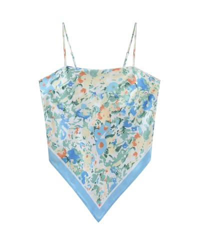 Outoshe Womens Paisley Satin Bandana Tube Top Tie Back Adjustable Spaghetti Strap Sleeveless Boho Going Out Scarf Tops Blue Floral