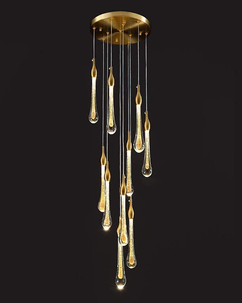 ASerZenith Led Lights Pendant Light Stairwell Brass Chandelier Raindrop Crystal-Style Double Staircase Long Chandelier Height Adjustable,Hanging Light