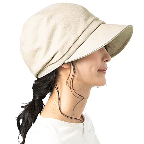 [QUEENHEAD] 小顔効果 フルーフキャスケット UVカット 帽子 紫外線カット つば広 レディース UV 大きいサイズ ハット【フリーサイズ(56-58.5cm)-ベージュ】