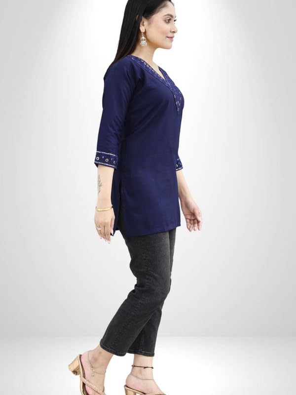 Image of Women's Rayon Short Kurti Top | Casual & Office Wear Tunic with Round Neck and 3 /4 Sleeves | Comfortable Every Occassion Wear | Ideal Ethnic Short Kurti for Womens