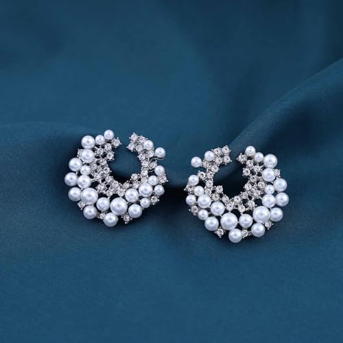 Boho Pearl Cluster Earrings Silver Cz Pearl Drop Earrings Exaggerated Rhinestone Hoop Earrings Pearl Dangle Statement Earrings Large Round Hollow Crystal Earrings Jewelry for Women4