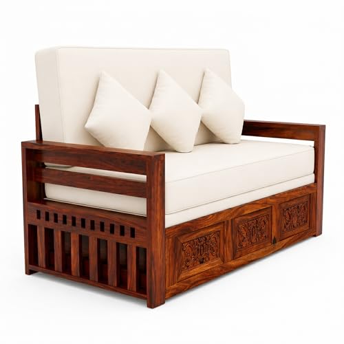 Image of SONA ART & CRAFTS Maharaja Sheesham Wood 3 Seater Sofa Cum Bed | Wooden 3 Seater Sofa for Living Room Wooden Furniture Sofa Bed for Home (Natural Finish)