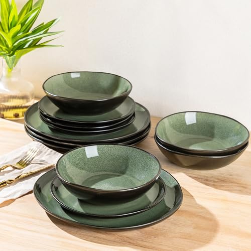 Image of AmorArc Ceramic Dinnerware Sets for 4, 12Pcs Plates and Bowls Sets Dishes | Stoneware Handmade Reactive Glaze Dinner Set, Highly Scratch Resistant | Dishwasher & Microwave Safe Dishware