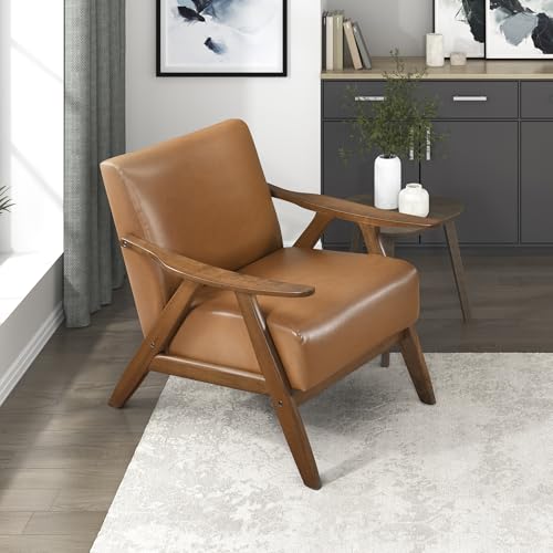 Lexicon Mid Century Modern Accent Chair with Solid Wood Frame in Walnut Finish, Faux Leather Living Room Lounge Arm Chair, Thick and Comfy Innerspring Seat Cushion, Brown