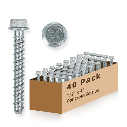 awagas 40 Pack 1/2' x 4' Concrete Screws, Large Diameter Heavy Duty Concrete Anchor Bolts with Hex...