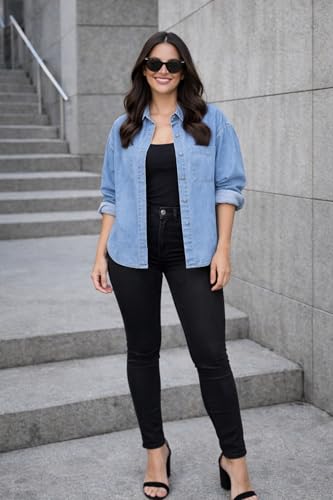 Image of FUNDAY FASHION Women Oversized Fit Solid Casual Denim Shirt