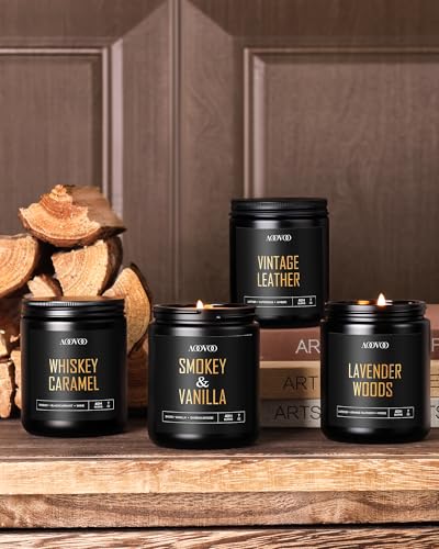 Image of AOOVOO Scented Candles for Men - 4 Pack Candles for Home Scented, 28oz Soy Wax, 200 Hour Burn Time, Men Candle Set, Leather /Smoke & Vanilla /Whiskey Caramel /Lavender Candle Set