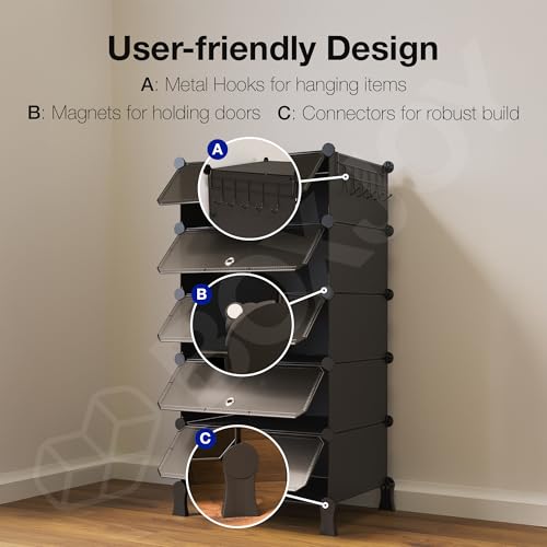 Image of BOXJOY 5 Shelf Shoe Rack with 5 Doors, Magnets, 5 Hook Steel Holder & Wooden Hammer for Home Storage PP Plastic Organizer with Metal Door Frame to Cover Chappal Slipper Sandals Shoes Box Stand (Black)