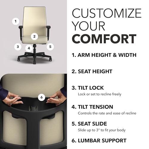 Image of HON Ignition 2.0 Mid Back Task Chair, Spectrum Mesh, Standard Synchro-Tilt Control, Office Chair with Lumbar Support, Height and Width Adjustable Arms, Black Frame, Linen