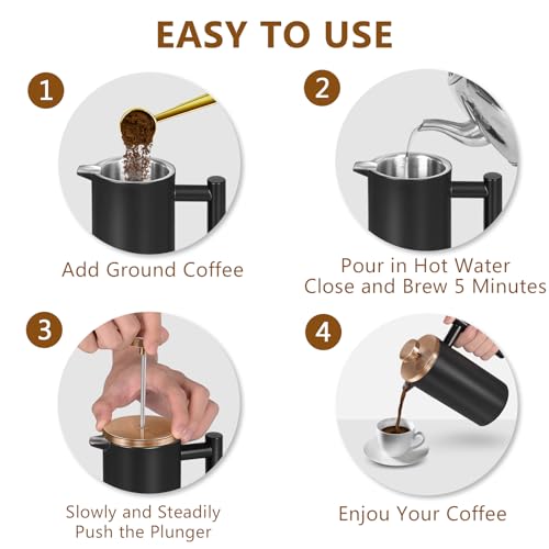 Image of Black Large French Press Coffee Maker 50oz, Double Wall Insulated French Press Stainless Steel,for Coffee&Tea,with 3 Extra Screens and a Coffee Spoon, 50oz /1500ml, Gold