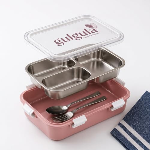 Image of Stainless Steel 3 Compartment Lunch Box with Leakproof Lid, Reusable Water Bottle & Spoon Set, Bento Style Tiffin Box for School, Office, College, Picnic, Travel & Daily Meal Storage (Pink)