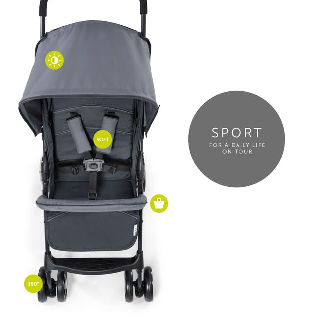 Image of Hauck Sport Baby Stroller - Lightweight Foldable Pushchair with Reclining Seat & Adjustable Footrest, Swivel & Lockable Front Wheels, 5-Point Harness, XL Storage Basket, Suitable from Birth to 3 Years (Up to 15 kg), Charcoal /Stone
