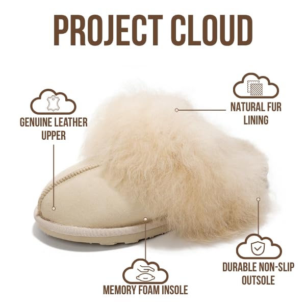Image of Project Cloud Genuine Leather Slippers for Women with Genuine Fur Lining, Non-Slip Indoor /Outdoor Clog Mule Slippers, Memory Foam Insole