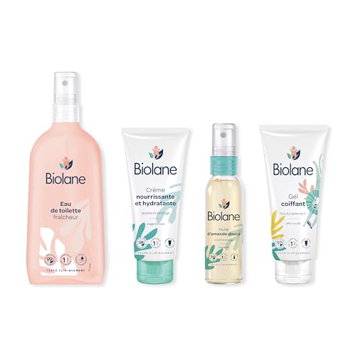 BIOLANE - Kit Toilette & Soins Bébé Complet – Eau de Toilette, Crème Nourrissante & Hydratante, Huile d’Amande Douce & Gel Coiffant – Formules...