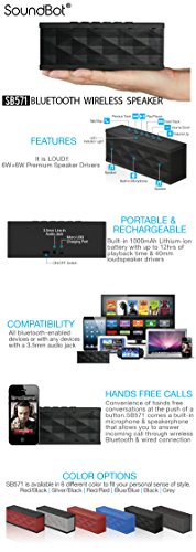 SoundBot SB571 Bluetooth Wireless Speaker 12W Output HD Bass 40mm Dual Driver Portable Speakerphone for 12Hr Enhanced Music Streaming & HandsFree Calling, Built-in Mic, 3.5mm Line-in