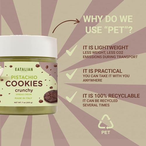 Image of EATALIAN by AMZ BETTER Pistachio Cream with Sweet Crunchy Cookies, 7 oz /200 gr, Delicious Spread with a Uniquely Sweet Taste, Ideal on Bread, Excellent for Dubai Chocolate, Made in Italy