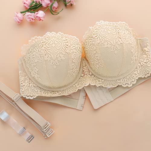 Ybcg Push Up Strapless Covertible Clear Straps Balconette Lace Padded Add 2 Cups Underwire Sexy Bra Nude 34C #TOP5