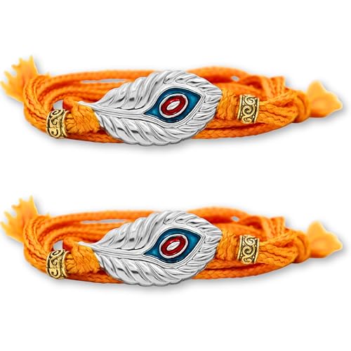 Image of 925 Sterling Silver Rakhi with Peacock Design for Brother, Handmade Orange Thread Rakhi for Raksha Bandhan Gift