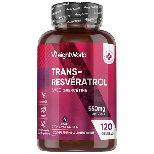 Trans Resveratrol (98%) avec Quercétine 550mg, 120 Gélules Vegan pour 4 Mois Source de Vitamine C, Resveratrol Polyphenols Renouée du Japon avec Sophora Japonica sans Stéarate Magnésium