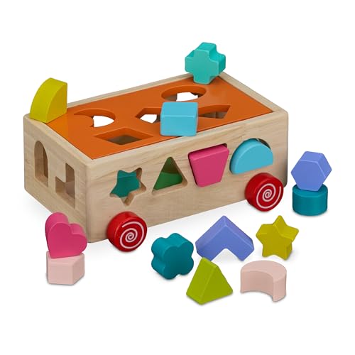 Relaxdays Holzsteckwürfel, ab 3 Jahren, Holz Sortierbox mit 17 Steckbausteinen,...