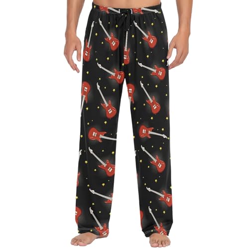 Men's Pajama Bottoms Music Red Bass Guitars Mens Pajama Pants Black Gold Stars Cotton Pj Bottoms Sleepwear Lounge Pants XL2