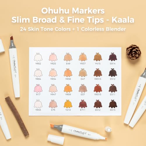 Image of Ohuhu Alcohol Markers Skin Tone Marker Slim Broad and Fine Double Tipped Alcohol-based Marker Set for Artists Adults Coloring Professional Illustration, 24 Portrait Colors Markers Refillable