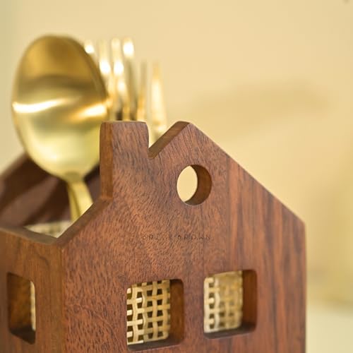 Image of Brick Brown Premium Wooden Maison Cutlery Holder Spoon Stand for Kitchen | Cutlery holder for Dining table | Wooden Caddy Storage Organiser Stand | Caddy Holder(4.5x4.5x5.8 inch)