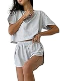 Remidoo Women's Striped Tee Shirts and Shorts Pajamas Set Side Slit Loungewear Matching Sets White Large