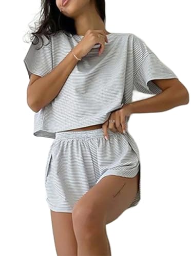 Remidoo Women's Pajamas Set Striped Tee Shirts and Shorts Side Slit Crewneck Loungewear