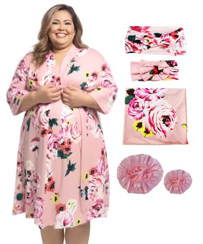 Image of SUFEINI Maternity Robe and Matching Swaddle Blanket Set, Plus Size Women Postpartum Robes Sleepwear New Mommy Gift