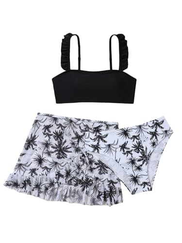Image of Girl's 3 Piece Bikini Set Tropical Leaf Print Swimwear Bathing Suit Swimsuit with Skirts Cover Up Black 13-14Y