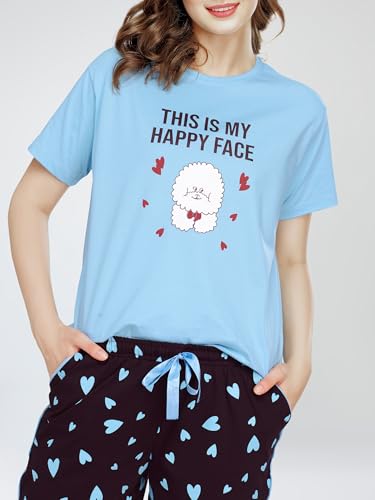 Image of ZEYO Night Suit for Women's Typography Printed Cotton Night Dress of Top and Shorts