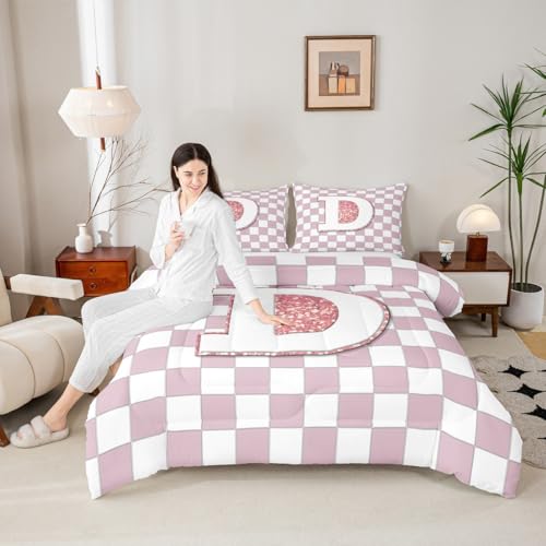 Image of Erosebridal Pink Initial D Kids Comforter Sets Kawaii Plaid Checkered King Bedding Set for Girls Teen Women Cute Personalized Monogram Comforter Set,Fashion Grids Gingham Quilt Duvet 3 Pcs