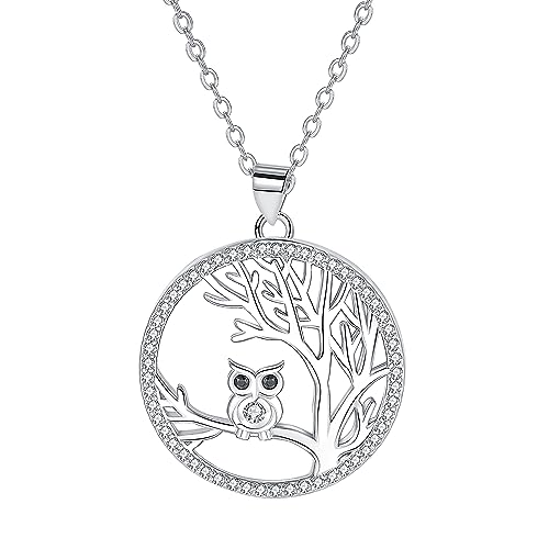 Hifeeled Arbre de Vie Collier Femme Argent Sterling 925 Pendentif Hibou avec Zirconium pour Cadeaux Originaux Femmes,Réglable(45cm+5)