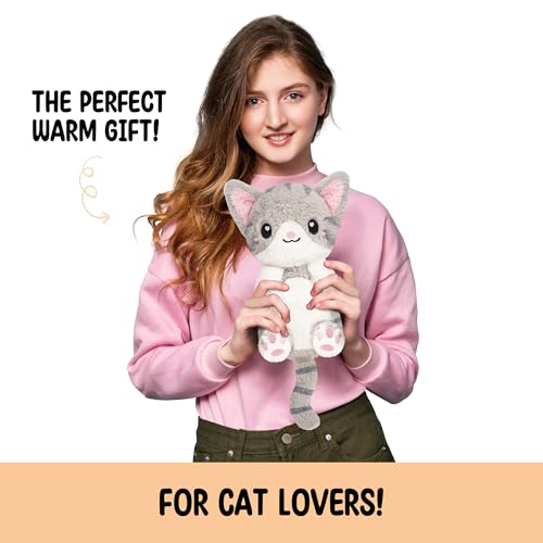 Image of Happy Fuel Grey Cat Microwavable 1.5 lbs Unscented Heating Pad for Women & Kids- Cute Soft Cozy Pillow Plush Heatable Warm Stuffed Animals- Kawaii Hot & Cold Plushie - Gray Cat Gifts for Girls & Women