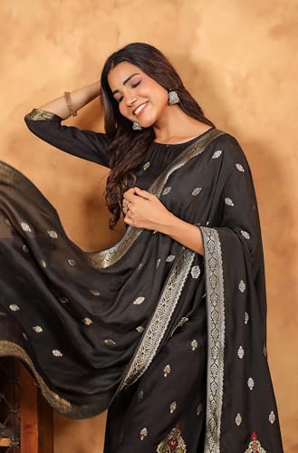 Janasya Indian Women's Silk Blend Mustard Jacquard Festive Wear Kurta Set for Women2