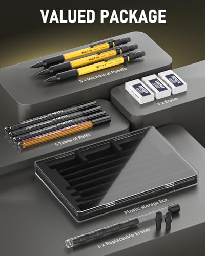 Image of Nicpro 3 PCS 1.3 mm Mechanical Pencil Set with 36 Lead Refill, 3 Eraser - Weatherproof Metal Barrel, Heavy Duty Carpenter Pencil MP2000 for Outdoor Marking Drafting Drawing Woodworking - with Case