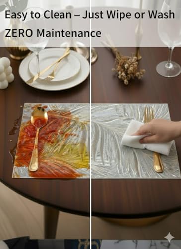 Image of Dining Table Mat and Runner Set for Home Kitchen Reusable Placemat Combo Set for Everyday Dining Use and Table Setup (Fern mat + Modern ractangle Table Runner, Pack of 7 (6+1))