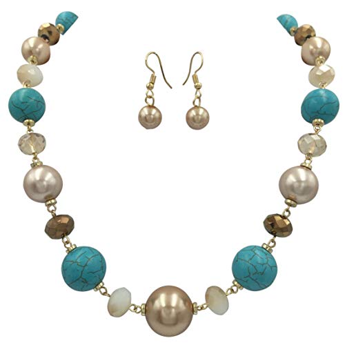 Gypsy Jewels Single Row Simple Beaded Statement Multi Color Necklace & Dangle Earrings Set (Imitation Turquoise & Brown)