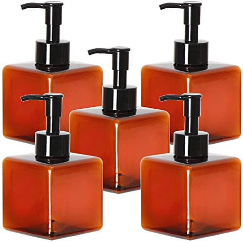 Youngever 5 Pack Amber Plastic Square Pump Bottles, Refillable Plastic Pump Bottles for Dispensing Lotions, Shampoos (8 Ounce)