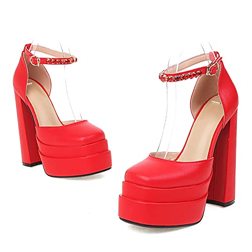 Womens Double Platform Block Heels Pumps Ankle Strap Evening Dress Pumps4